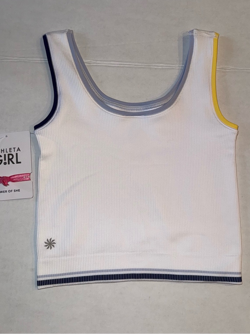 Athleta White Ribbed Crop Tank with Navy and Yellow Trim